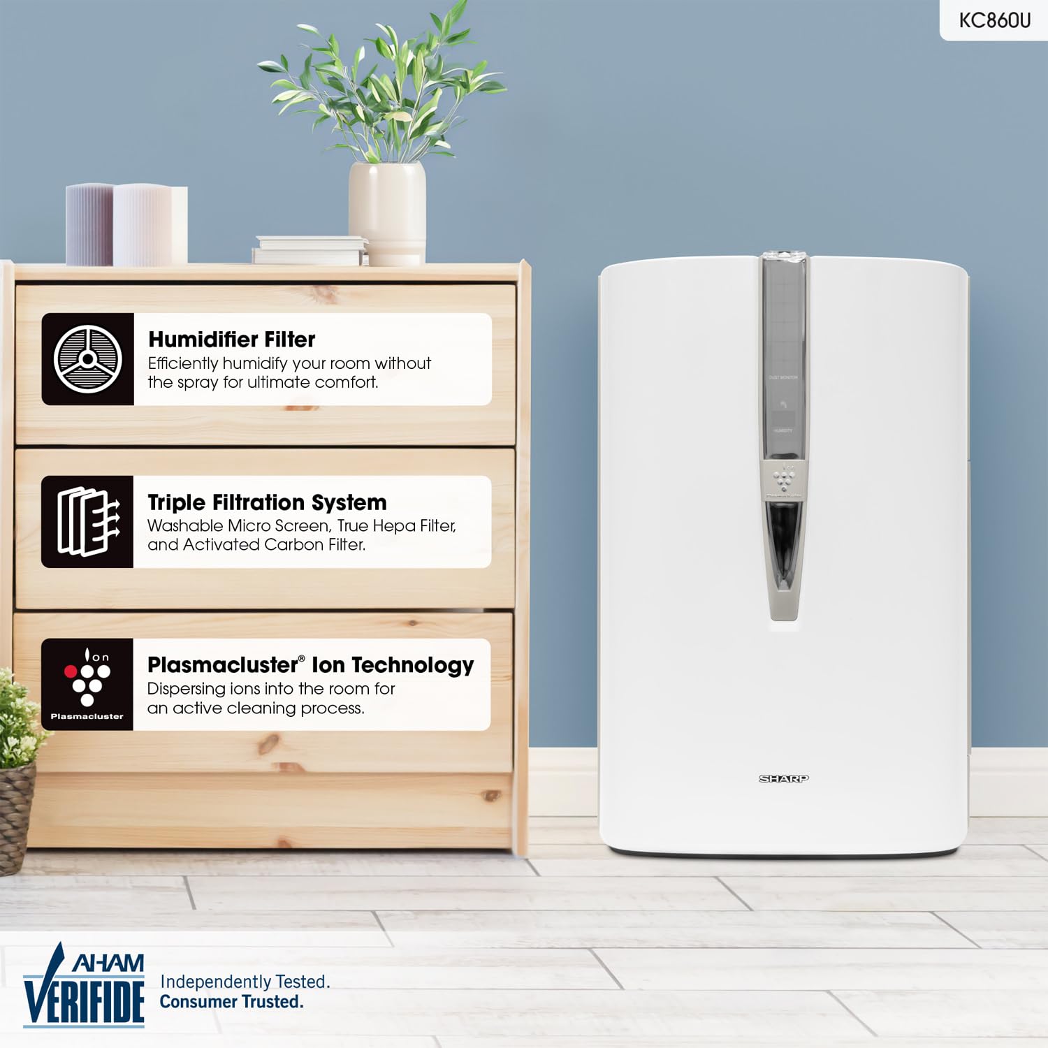 SHARP Air Purifier and Humidifier. Plasmacluster Ion Technology and Triple Filtration, including True HEPA Filter. Covers up to 1,650 sq. ft. for Large Rooms, for Dust, Smoke, and Pollen. KC860U