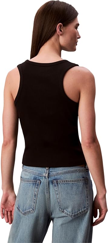 Donna Canotta Woven Label Rib con Logo, Nero (Black), S