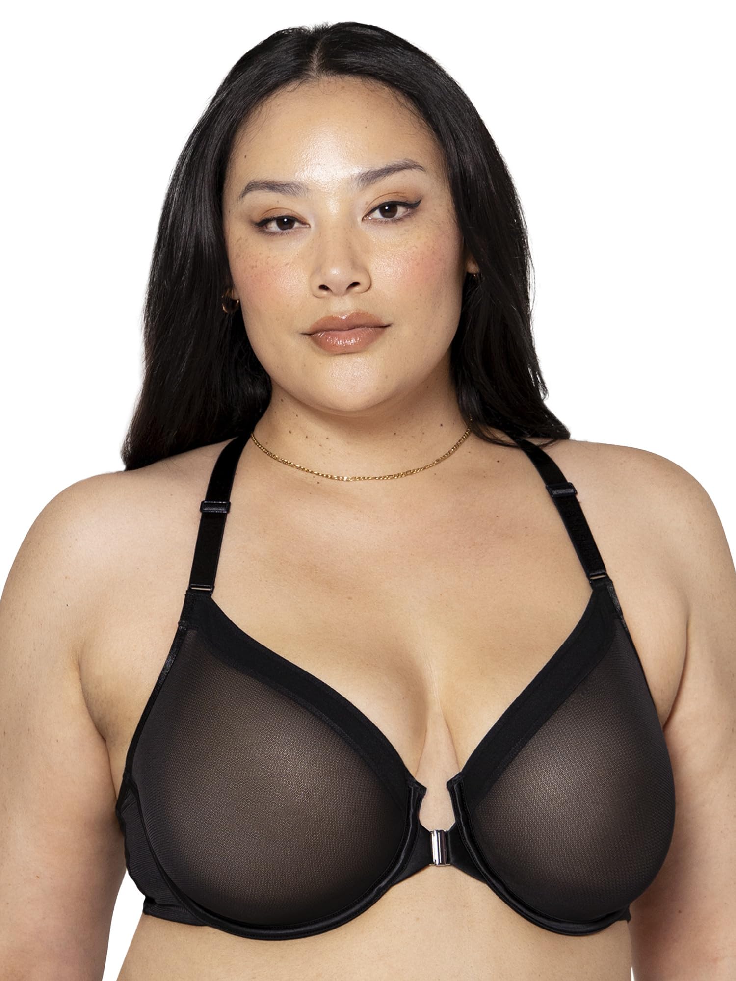 Photo 1 of Curvy Couture Women's Sheer Mesh Front-Close Racerback Unlined Bra, Black Hue