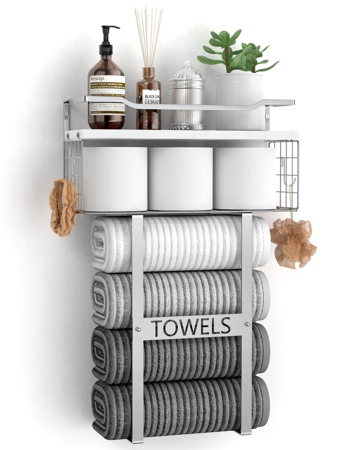 Photo 1 of Towel Racks for Bathroom Wall Mounted - Bath Wall Towel Holder Set Above Toilet Storage, Rolled Towel Shelf Organizer for Small Bathroom, Wood Vertical Towel Rack for Bathroom Wall Decor Silver