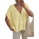 CFLHN Women's V Neck Short Sleeve Cardigan Sweater Tops Lightweight Button Loose Sweater Vest