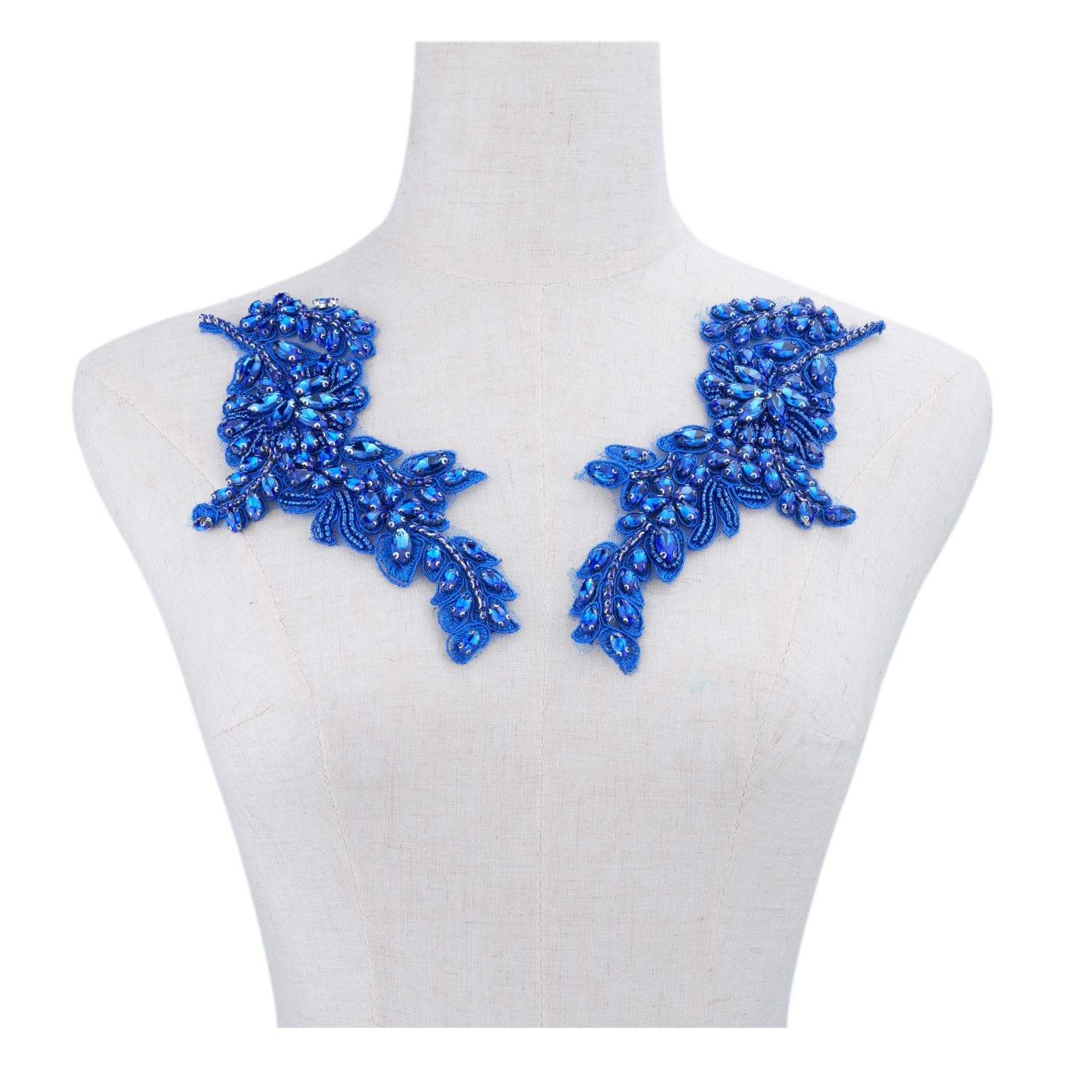 Photo 1 of 1 Pair Hand-Made Beaded Rhinestons DIY Clothing Appliques Patch Leaves Flower Applique Patch for Wedding Dress Decoration (Dark Blue)