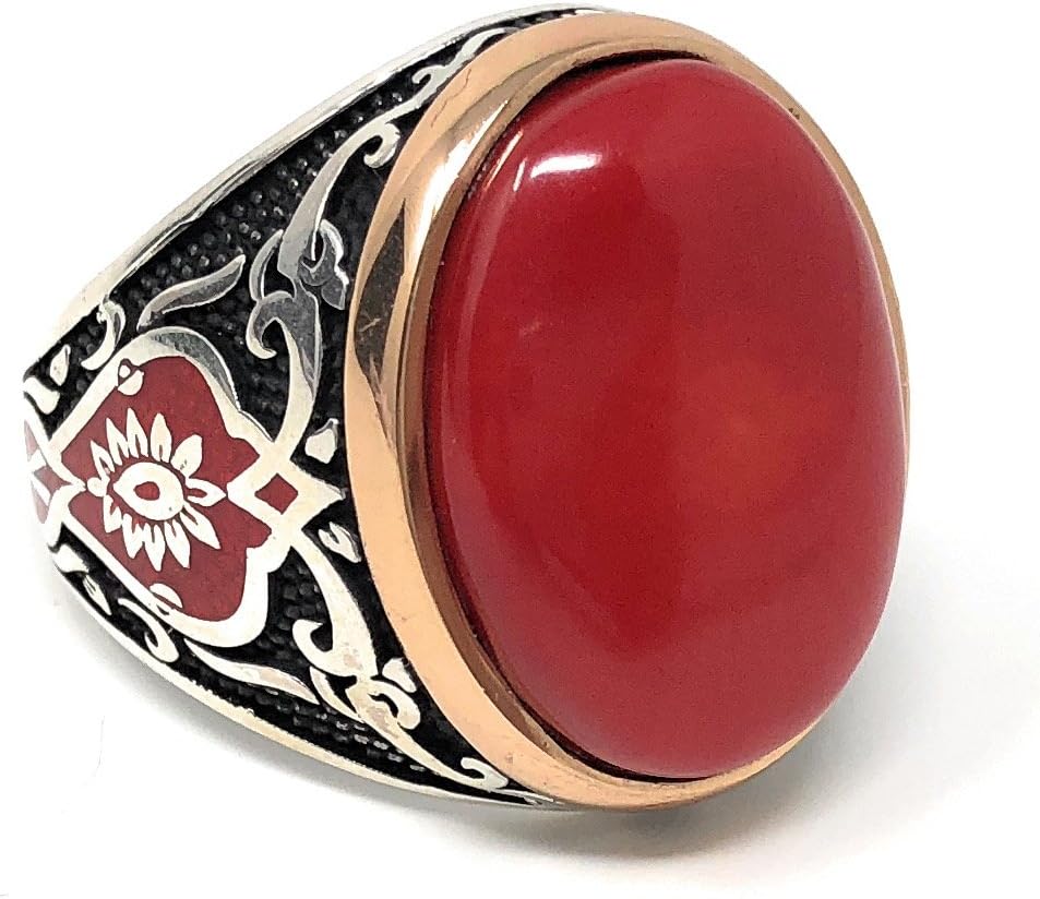 925K Sterling Silver Red Coral Men's Ring Red Enamelled K62C Special Edition