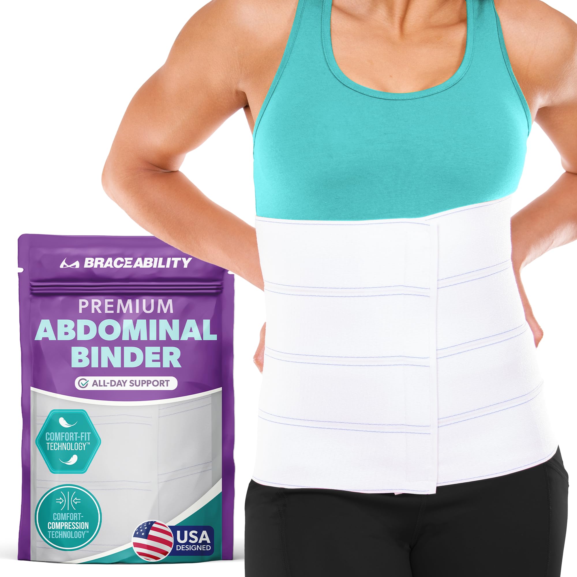 BraceAbility Medical Abdominal Stomach Binder - Belly Band Compression for Diastasis Recti, Postpartum, Post-Surgical Wrap for Tummy Tuck Recovery, Post op Ab Binder for Women and Men (M/L 12")