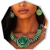 Fstrend Green African Tribal Choker Necklace and Earrings Set, Chunky Bib Statement Ethnic Jewelry for Women, Bohemian Boho Accessories