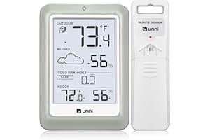 U UNNI Indoor Outdoor Thermometer Hygrometer Wireless Weather Stations, with 330ft Range Outdoor Sensor and Adjustable Backlight Inside Outside Thermometers (Cold Risk Index)