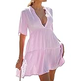 R.Vivimos Womens Summer Cotton Flowy Mini Dress V Neck Short Sleeve Boho Ruffle Tiered Casual Loose Tunic Dress