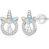 Unicorn Earrings for Girls Kids, Sterling Silver Post Earrings Unicorn Earrings for Girls Hypoallergenic Initial Earrings for Girls Kids Toddler Little Girls Gifts Christmas Gifts for Teen Girls
