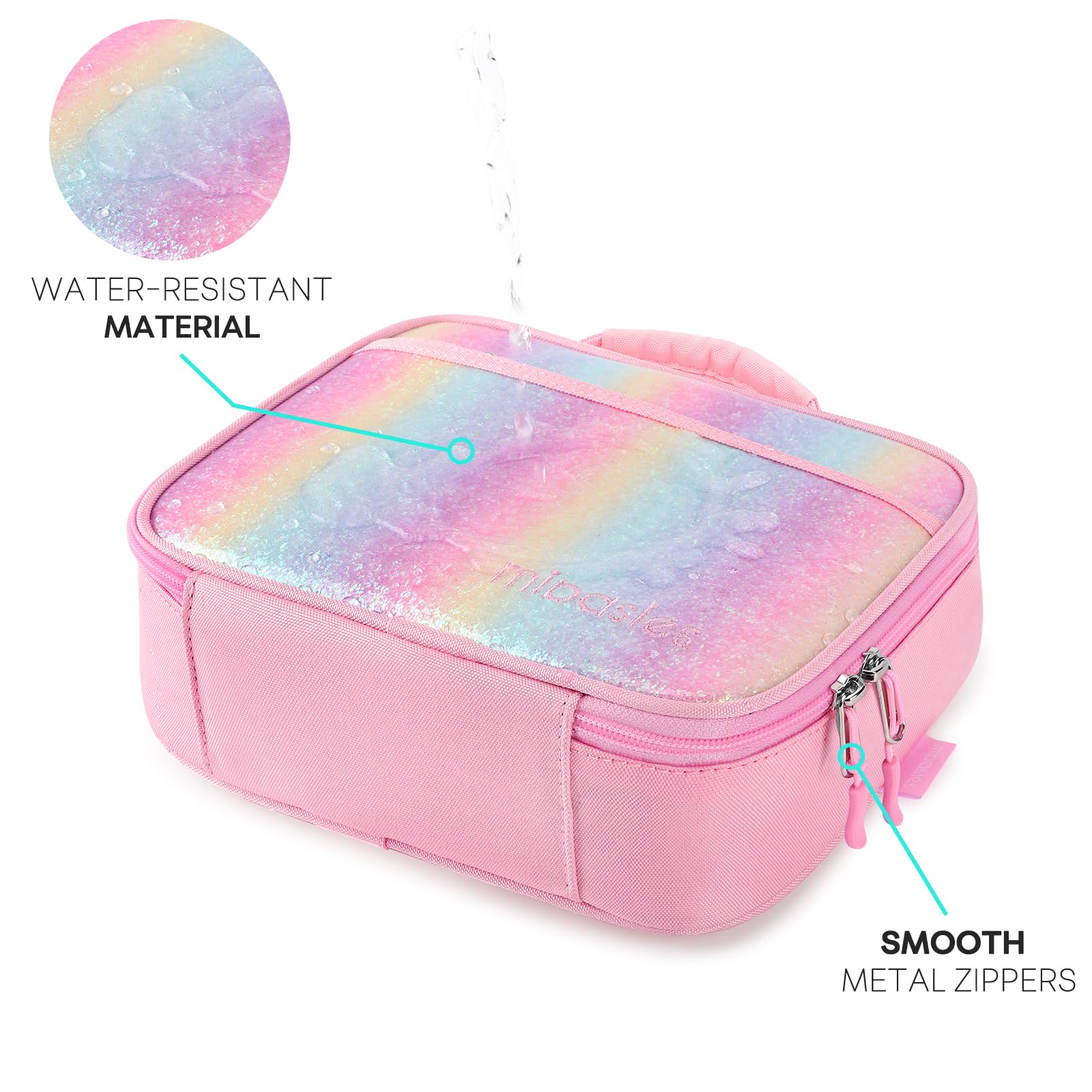 mibasies mibasies Kids Lunch Bag for Girls Toddler Sparkle Lunch Box for School Travel, Pink Blue Rainbow
