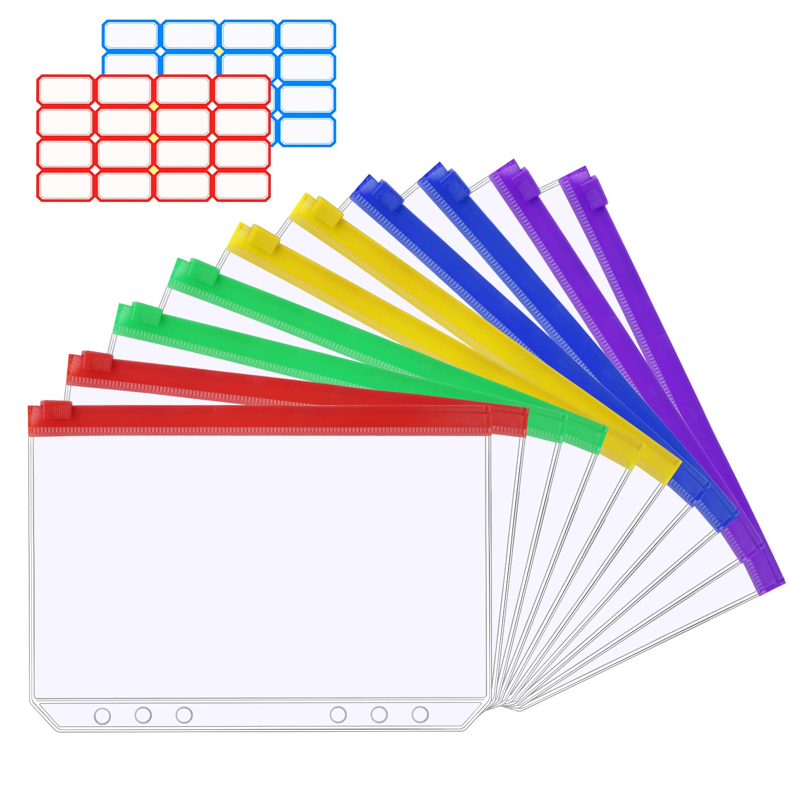 Vicloon A5 Zipper Binder Pockets, 10Pcs Plastic Binder Zipper Folders Loose Leaf Bags with 2 Sheets Removable Label Stickers Money-Saving Cash Envelopes Document Organizer Binder (Multicolor)