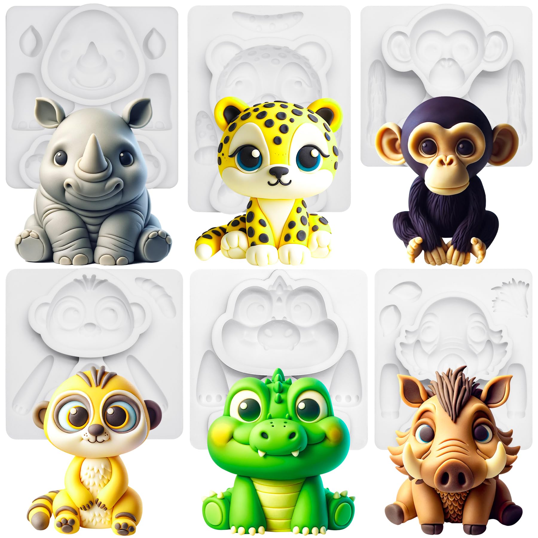 Fondant Moulds Silicone Safari Animal Cake Topper 6-Count Kit Leopard Chimpanzee Mongoose Crocodile Rhinoceros Warthogs — image 1