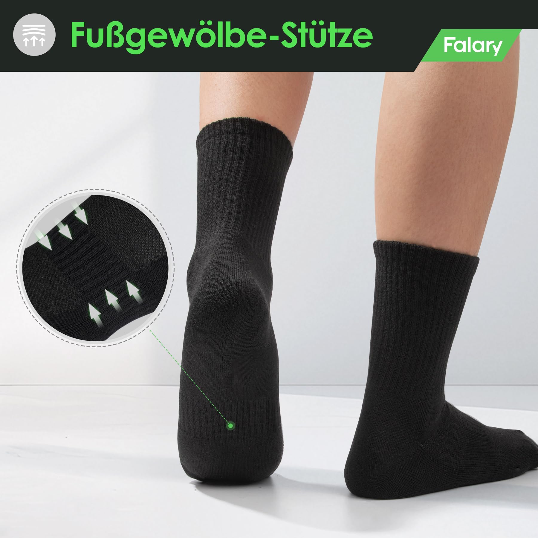 FALARY Socken Herren 39-42 Damen Sportsocken Tennissocken Baumwollsocken Laufsocken Crew-socks 6 paar Schwarz 3