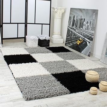 Paco Home Shaggy Teppich Hochflor Langflor Gemustert In Karo Grau Schwarz Weiss Grosse 70x140 Cm Amazon De Kuche Haushalt