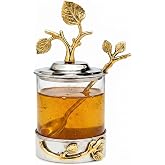 Godinger Leaf Honey Jar with Spoon, Honey Dispenser, Sugar Canister | Honey Jar with Dipper, Gold Glass Sugar Container, Stainless Steel Leaf Lid, Jam Dish, Olive &amp; Condiment Holder