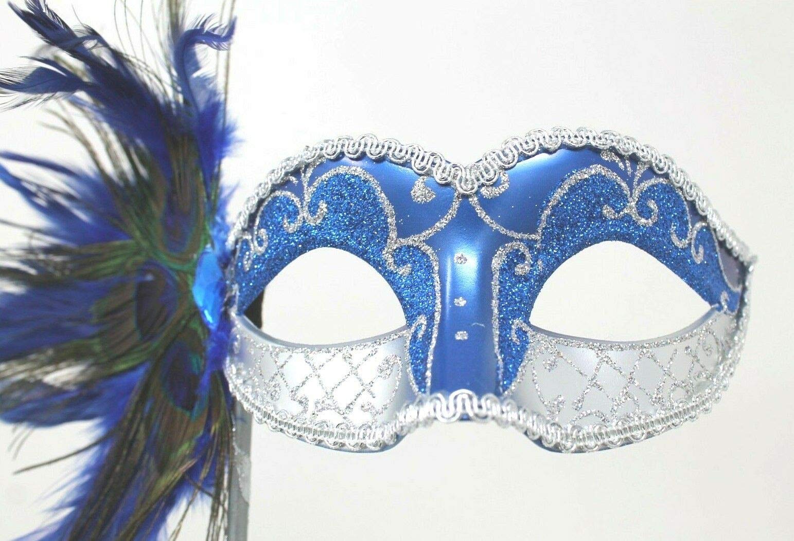 LADIES SPARKLING BLUE & SILVER VENETIAN MASQUERADE CARNIVAL PARTY EYE HAND HELD MASK ON A STICK WITH PEACOCK FEATHERS