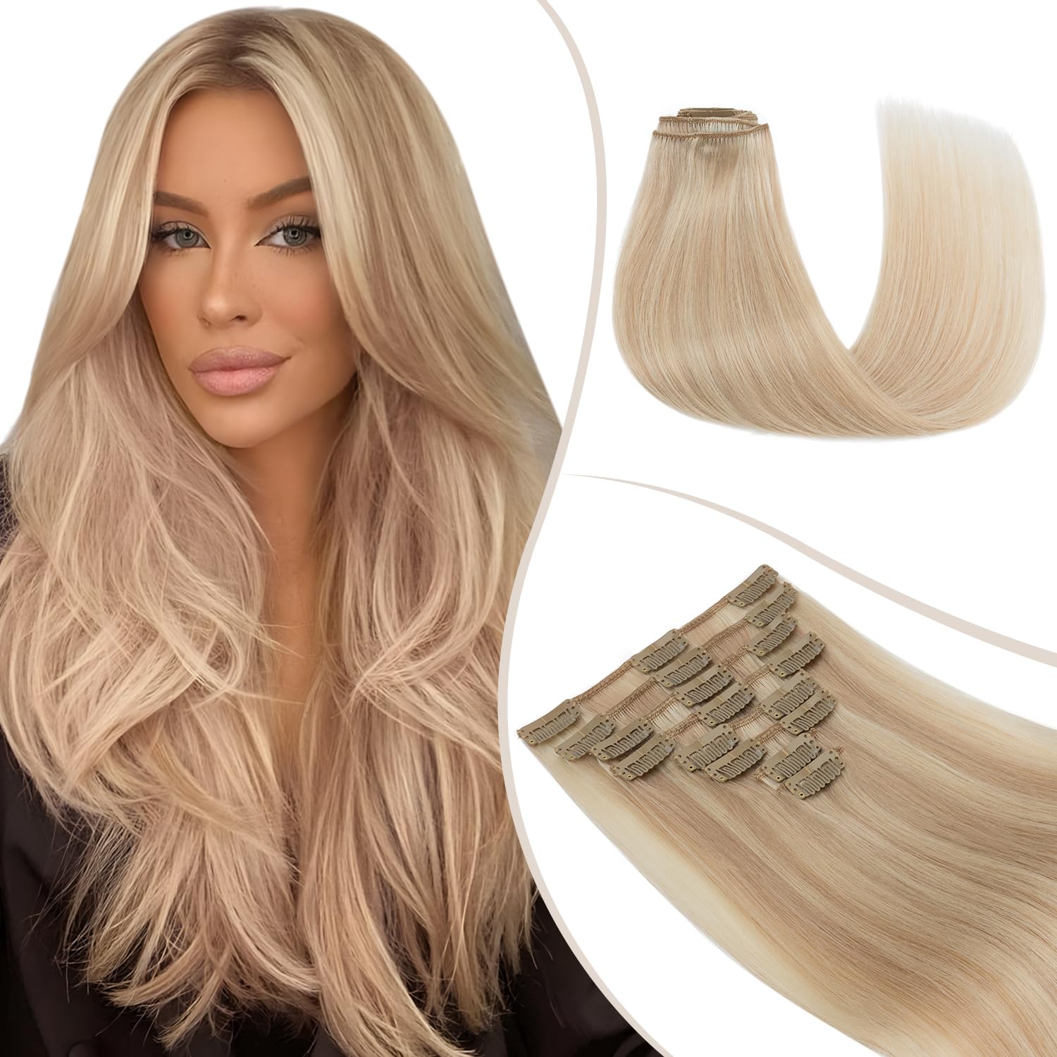 TESS Clip in Hair Extensions Real Human Hair Highlighted Remy Seamless 8 Pieces Straight Long for Women/Girls (#16P22 Light Blonde Highlighted Golden Blonde, 22 Inch 75g) — image 1