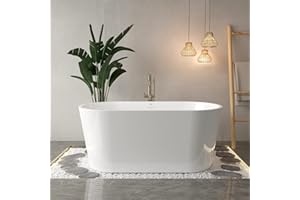 FerdY Luzon 55" Acrylic Freestanding Bathtub, Ergonomic Lightweight Classic Oval Soaking Bathtub with Brushed Nickel Drain, Minimalist Linear Design Overflow, Modern White