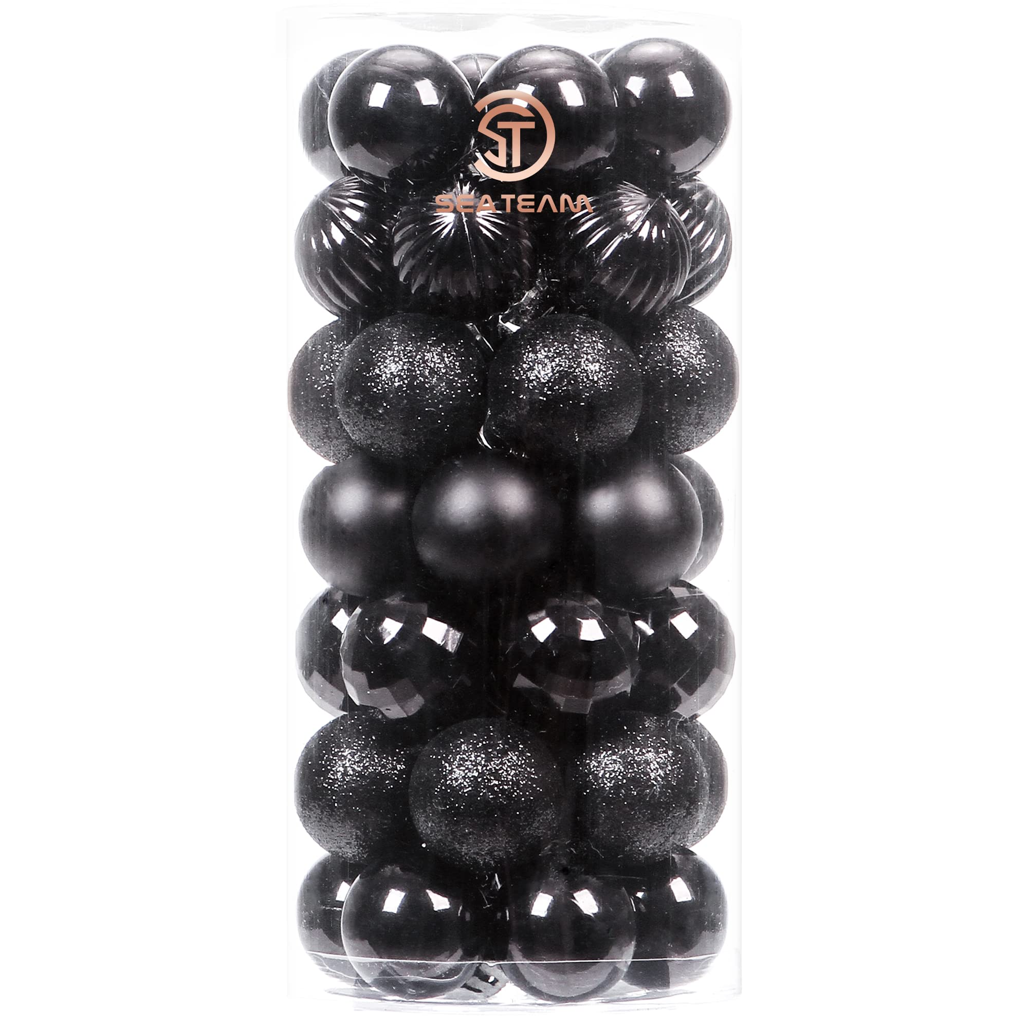 Sea Team 46-Pack Christmas Ball Ornaments with Strings, 30mm/1.18" Mini Size Baubles, Shatterproof Plastic Christmas Bulbs, Hanging Decorations for Xmas Tree, Holiday, Wedding, Party, Black