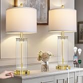 Ruzectt 28" Gold Glass Table Lamps Set of 2 with Night Light, Bedside Lamps | USB C+A Charging Ports, Suitable for Living Room Bedroom End Table, 2 LED Bulbs Included, Clear Glass Lamp Body, Metal Base