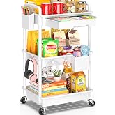 SUNALLY 3 Tier Rolling Cart with Drawer, Craft Storage Cart Organizer,White | Bathroom Storage Organizer with 2 Lockable Wheels, Rolling Utility Cart for Kitchen, Office, Baby, Makeup, Nail,Snack,Laundry