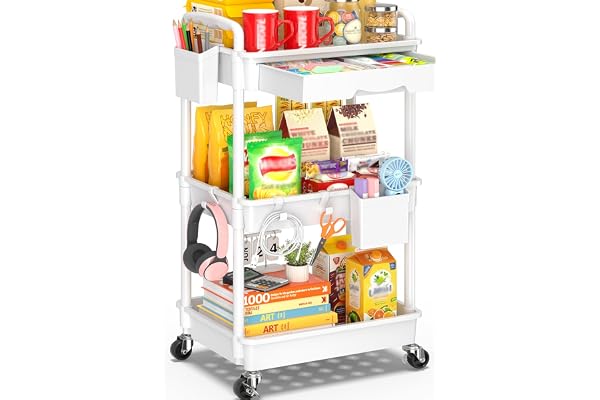 SUNALLY 3 Tier Rolling Storage Carts with Drawer, Storage Cart Organizer with Lockable Wheels Rolling Utility Organizing Cart