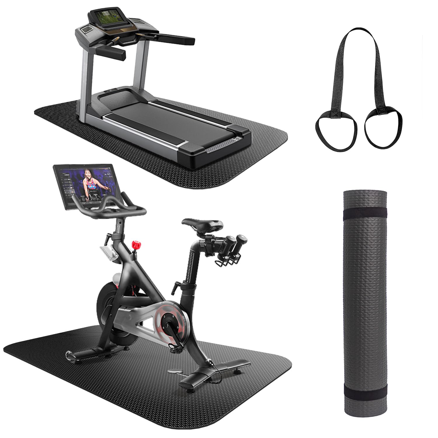 Treadmill Mat With Strap,Walking Pad Mat,Exercise Bike Mat,For Under Stationary Bike,Rowing Machine,Exercise Equipment,Spin Bike,Turbo Trainer,For Carpet In Door (152 x 75 x 0.5cm)