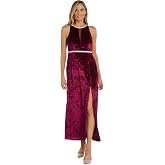 R&amp;M Richards Women's Long Ice Velvet Dress W/Elegant Neck Waist Detail &amp; Slit
