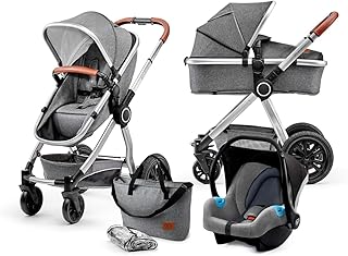 Kinderkraft Kinderwagen 3 in 1 VEO, Kinderwagenset, Kombikinderwagen, Buggy und Tragewanne in Einem, Babyschale, Zweistufige Federung, Große Räder, Schnelles Zusammenklappen, Grau