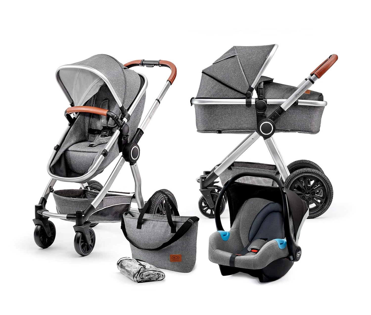 Kinderkraft Kinderwagen 3 in 1 VEO, Kinderwagenset, Kombikinderwagen, Buggy und Tragewanne in Einem, Babyschale, Zweistufige Federung, Große Räder, Schnelles Zusammenklappen, Grau
