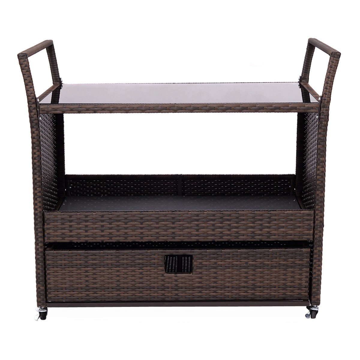 LHONE Patio Wicker Dining Storage Roller Trolley Cart Portable Wicker Kitchen Trolley Cart with Drawers,Wheels