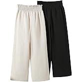 RoseSeek Girl's 2 Pack Paperbag Waist Smocked Pants Frill Trim Wide Leg Baggy Trousers