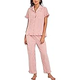 Flygo Womens Striped Pajama Sets Cotton Button Down Sleepwear Short Sleeve Top Long Ruffle Pants 2 Piece Pjs Loungewear Sets