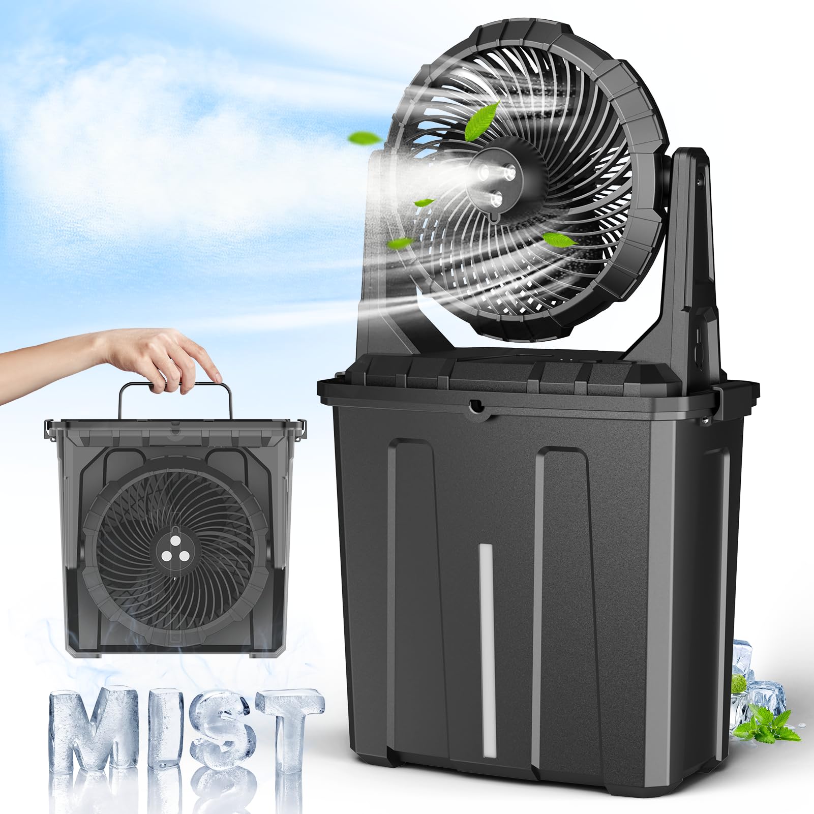 Photo 1 of Ausic 9L Bucket Portable Misting Fan for Outdoors Patios - 10IN, 20000mAh Rechargeable Battery Operated Camping Fan, 3 Strong Winds, 3 Large Spray Outlets, for Fishing/Travel/Garden/Golf/Tent/Office