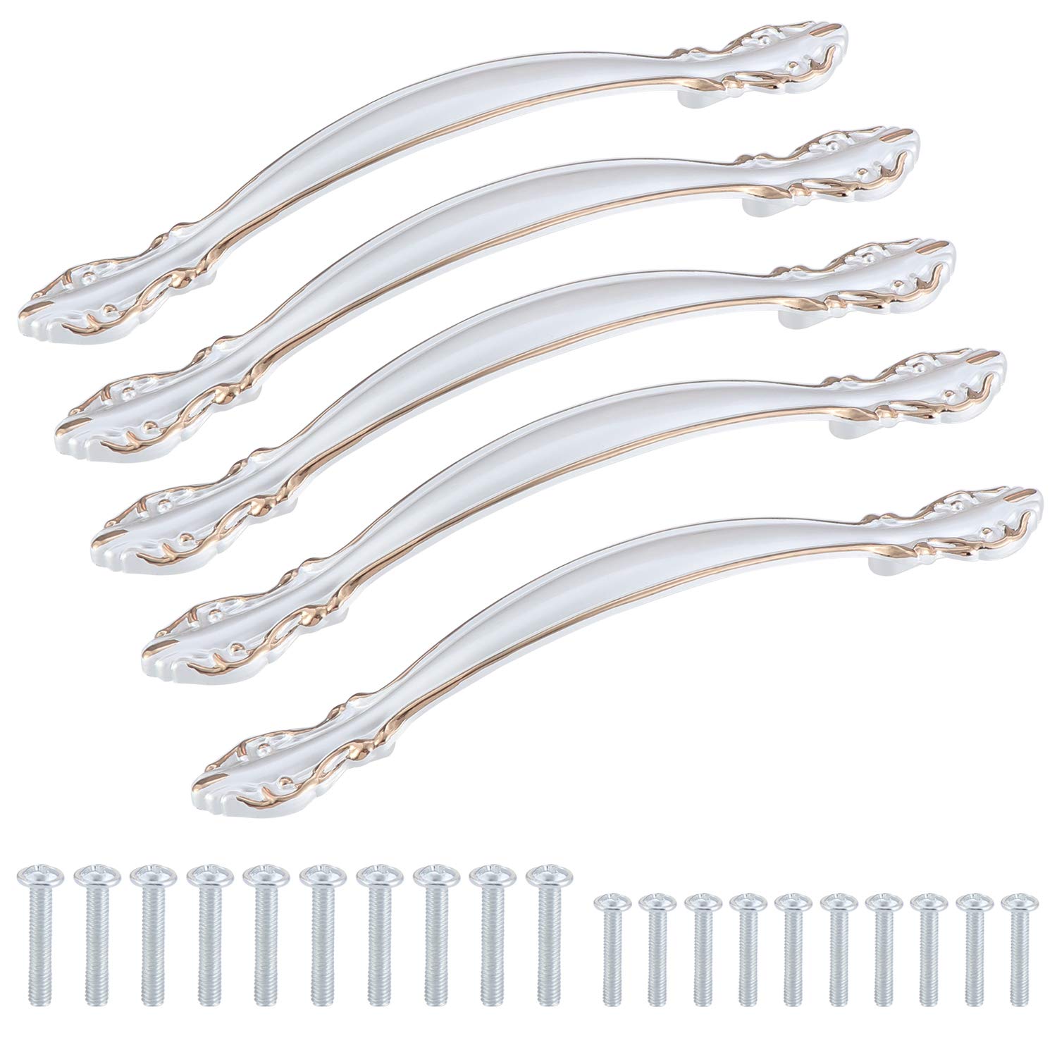 TsunNee 5PCS Vintage Cabinet Handles, Carved Drawer Pull Handles, Antique Cupboard Bow Pulls, Furniture Door Pull Handles, 128mm 5.03inches Hole Distance, Silver