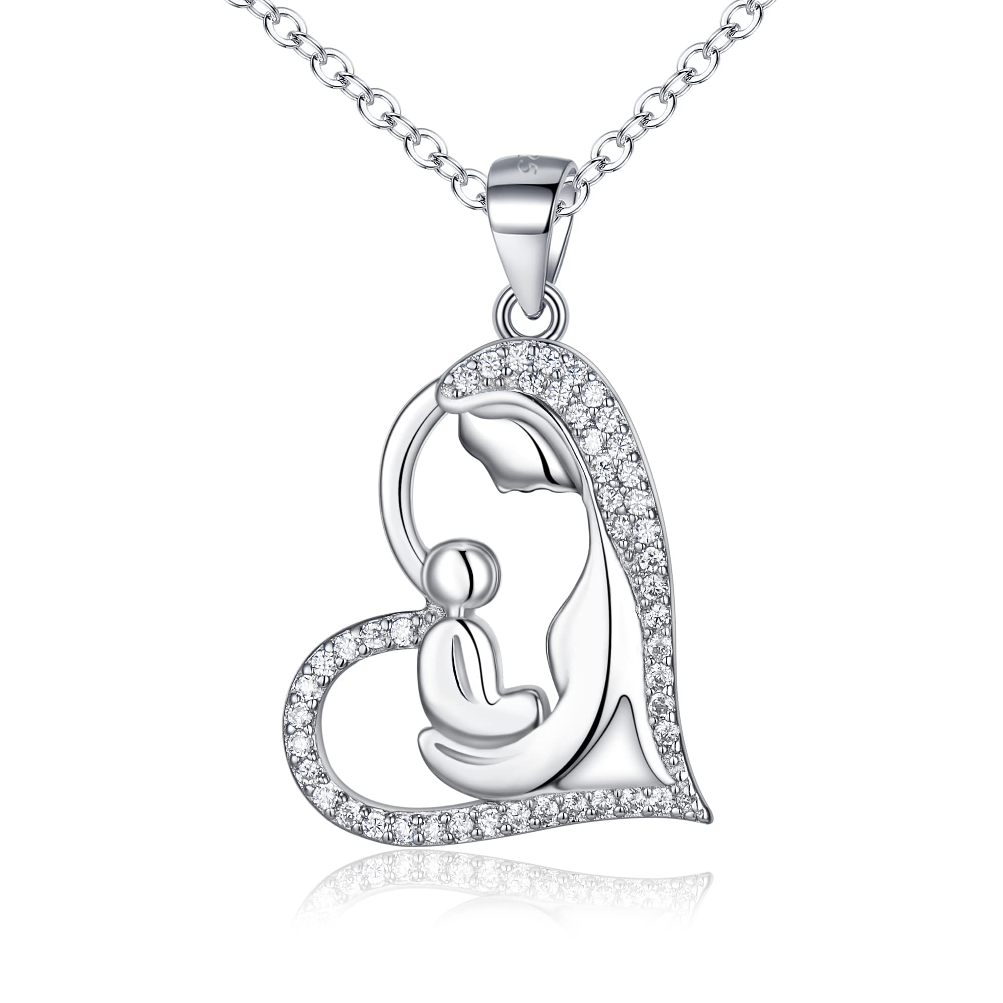 Ever Faith Mother and Child Necklace, 925 Sterling Silver White CZ Heart Shape with Mother Hold Child Mothers Day Gift for Mom Wife Grandma