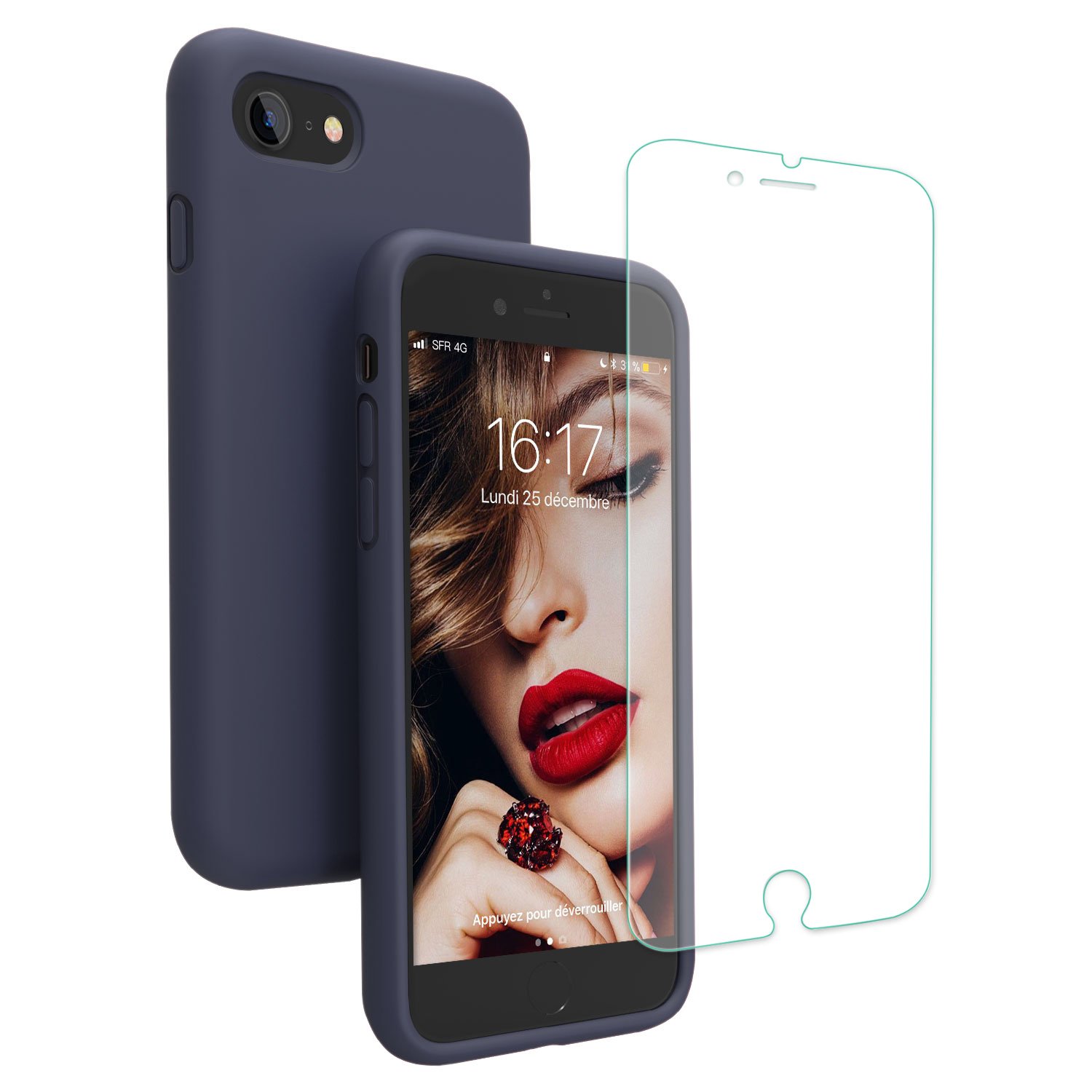 Coque iPhone 7 / 8 , JASBON Coque Silicone Liquide Anti-rayure avec Protecteur d\'écran Gratuit, Housse Protection Silicone Anti-choc Gel Case pour iPhone 7 / 8 – Bleu Foncé