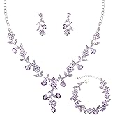 SFE Elegant Austrian Crystal Bridal Bridesmaid Wedding Jewelry Flower Leaf Necklace Dangle Earrings Link Bracelet Jewelry Set for Women(Violet-Platinum Plated)