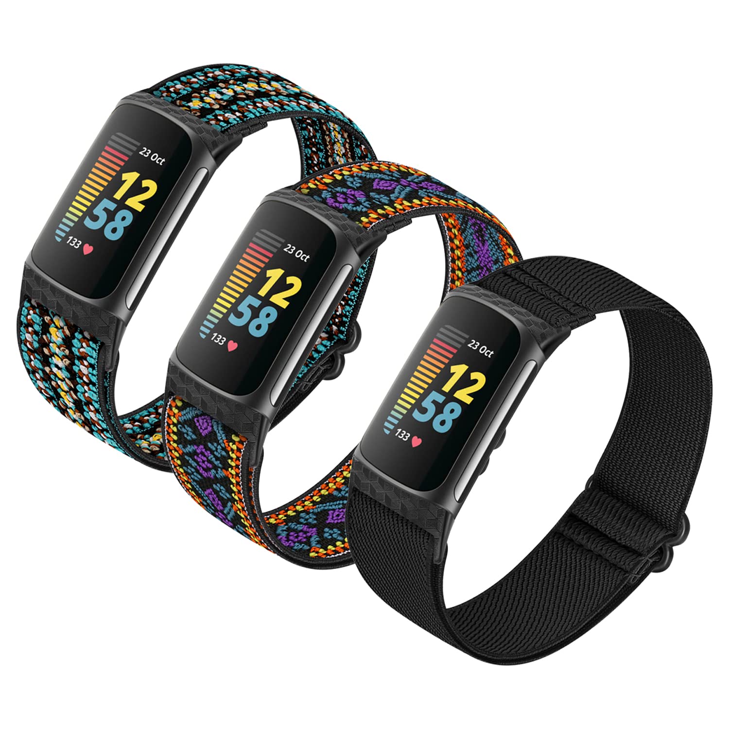 HUYIIO 3 Pack Adjustable Elastic Watch Strap Compatible with Fitbit Charge 5 Straps, Soft Breathable Nylon Sport Band Stretchy Replacement Wristband For Women Men — image 1