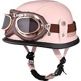 Yesmotor Motorcycle Half Helmet Retro German Handmade Leather Half Face Quick Release Buckle & Goggles - DOT Approved (Pink, M)
