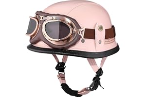 Yesmotor Motorcycle Half Helmet Retro German Handmade Leather Half Face Quick Release Buckle & Goggles - DOT Approved (Pink, M)