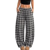 EXLURA Women's Plaid Barrel Pants Vintage Flannel Lounge Checkered Trousers | Drawstring Elastic Waist, Pockets, Baggy Comfy 