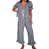 Argeousgor Women Plaid 2 Piece Pajama Set Tie Front Puff Sleeve Babydoll Shirt Gingham Pants Pj Lounge Set Sleepwear