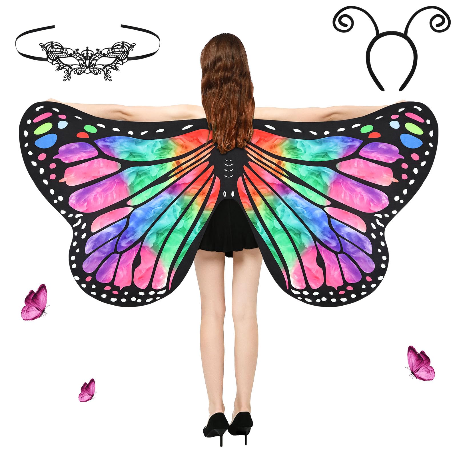 Aomig Womens Butterfly Wings Costume, Gradient Rose Red Green Butterfly Shawl Wings with Mask, Adult Fairy Pixie Cloak Butterfly Cape Wings Fancy Dress for Christmas Halloween Party Cosplay Dancing — image 1