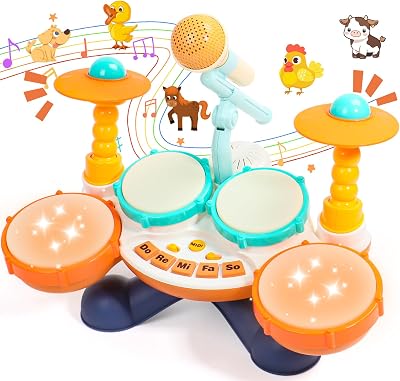 Fajiabao Toddler Drum Kit 4 Pads 2 Cymbals 3 Modes LED Lights Microphone