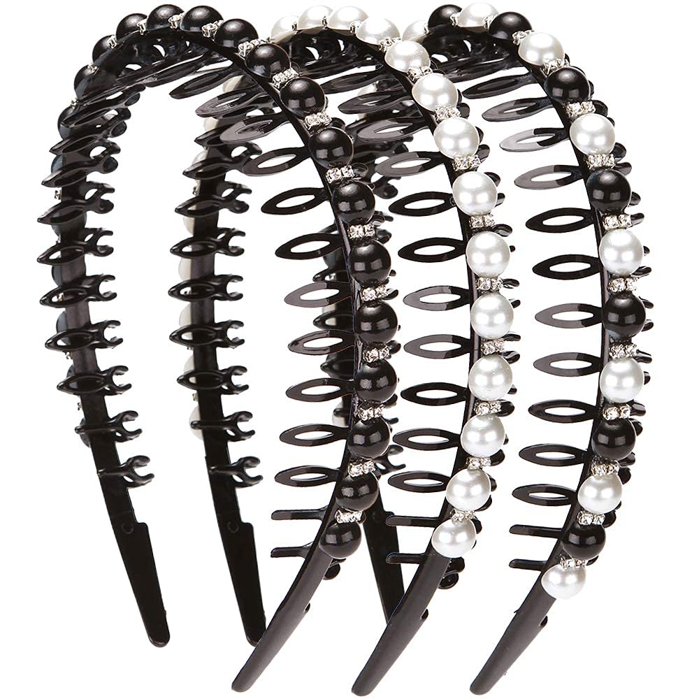 LONEEDY 3 Pack Fashion Faux Pearl and Rhinestones Hard Headbands, Non-slip Teeth Hairband Hair Accessories for Women …
