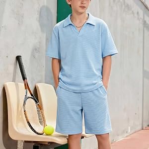 Boys Waffle Short Sleeve Outfit Polo V Neck Short Sets Matching Shorts Casual Summer School Vacation Pockets Clothes