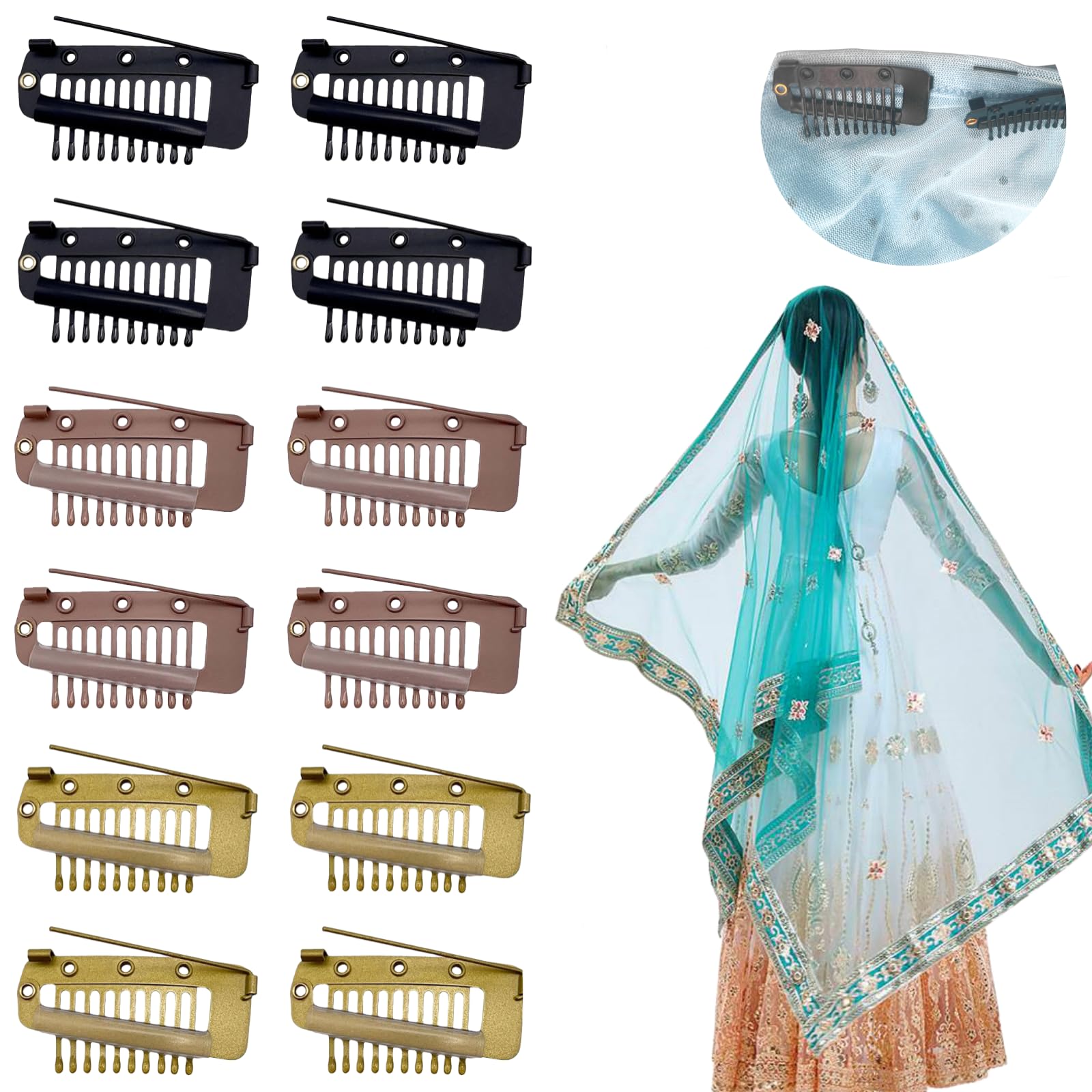 Photo 1 of 12 Pcs Chunni Clips with Safty Pins?Dupatta Hair Clip Easy to Use with Dupatta, Hijab & Tikka Setting,Multifunction10-Teeth Snap Clips for hair extension (multiple colour)