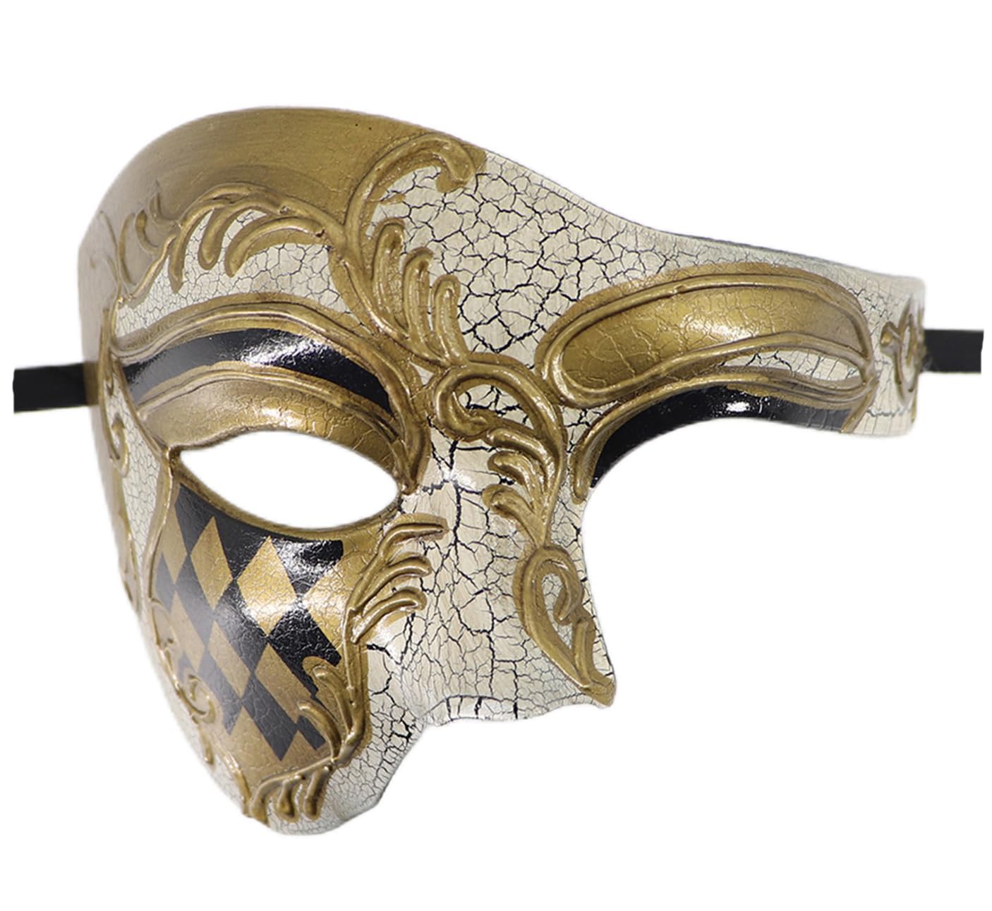 Coolwife Masquerade Mask Vintage Phantom Of The Opera One Eyed Half Face Costume (Checkered Gold)