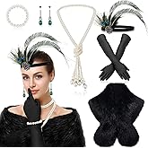 20s Flapper Accessories for Women 1920s Costume Accessories Set Halloween Fur Faux Scarf Headpiece Necklace Earrings Gloves(Modern) Multicolored