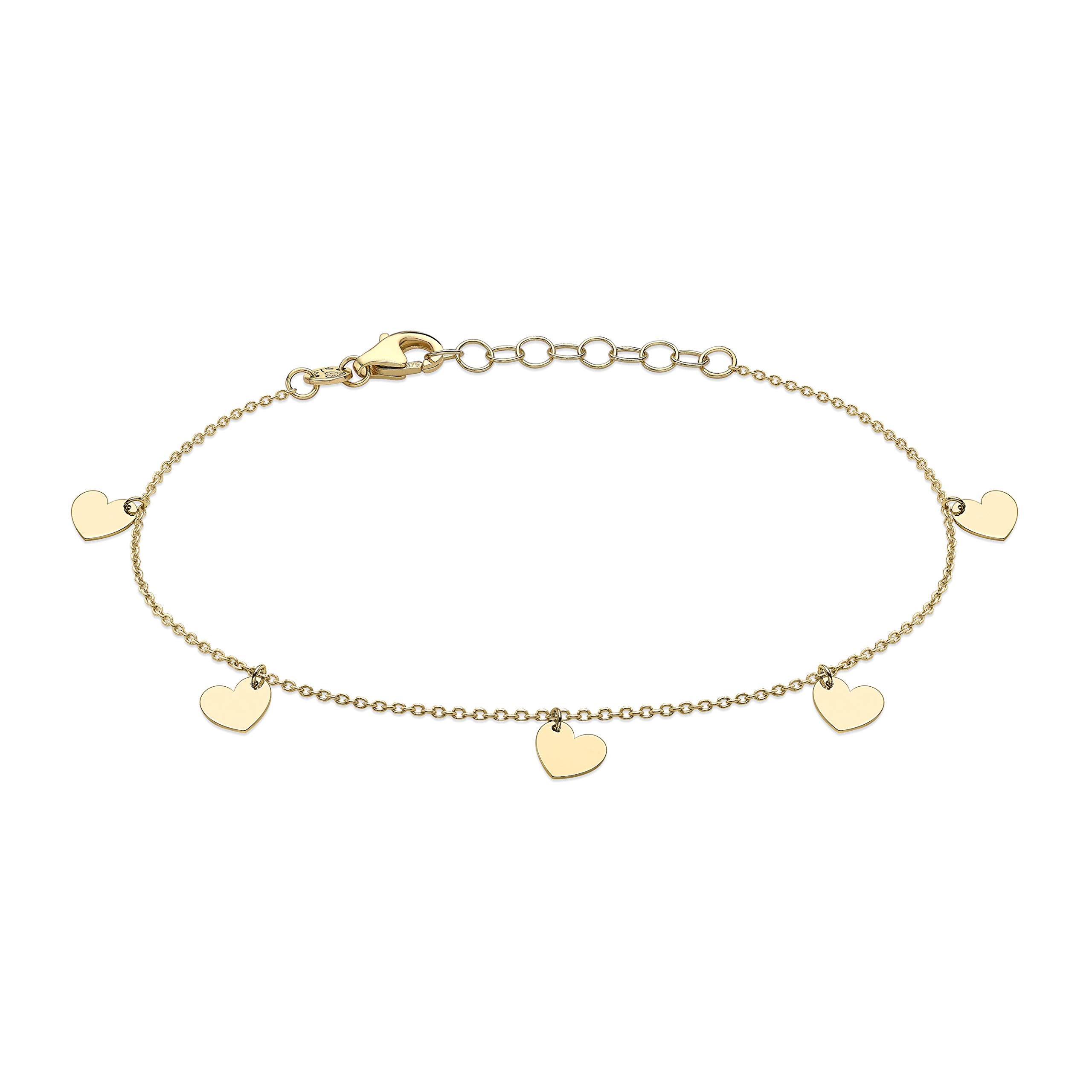 CARISSIMA Women's 9ct Yellow Gold Adjustable Bracelet - 5 Heart 5.9mm x 6mm - Lenght 18cm/7"-20cm/8"